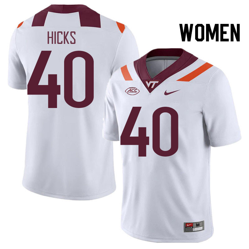 Women #40 Stephon Hicks Virginia Tech Hokies College Football Jerseys Stitched Sale-White - Click Image to Close
